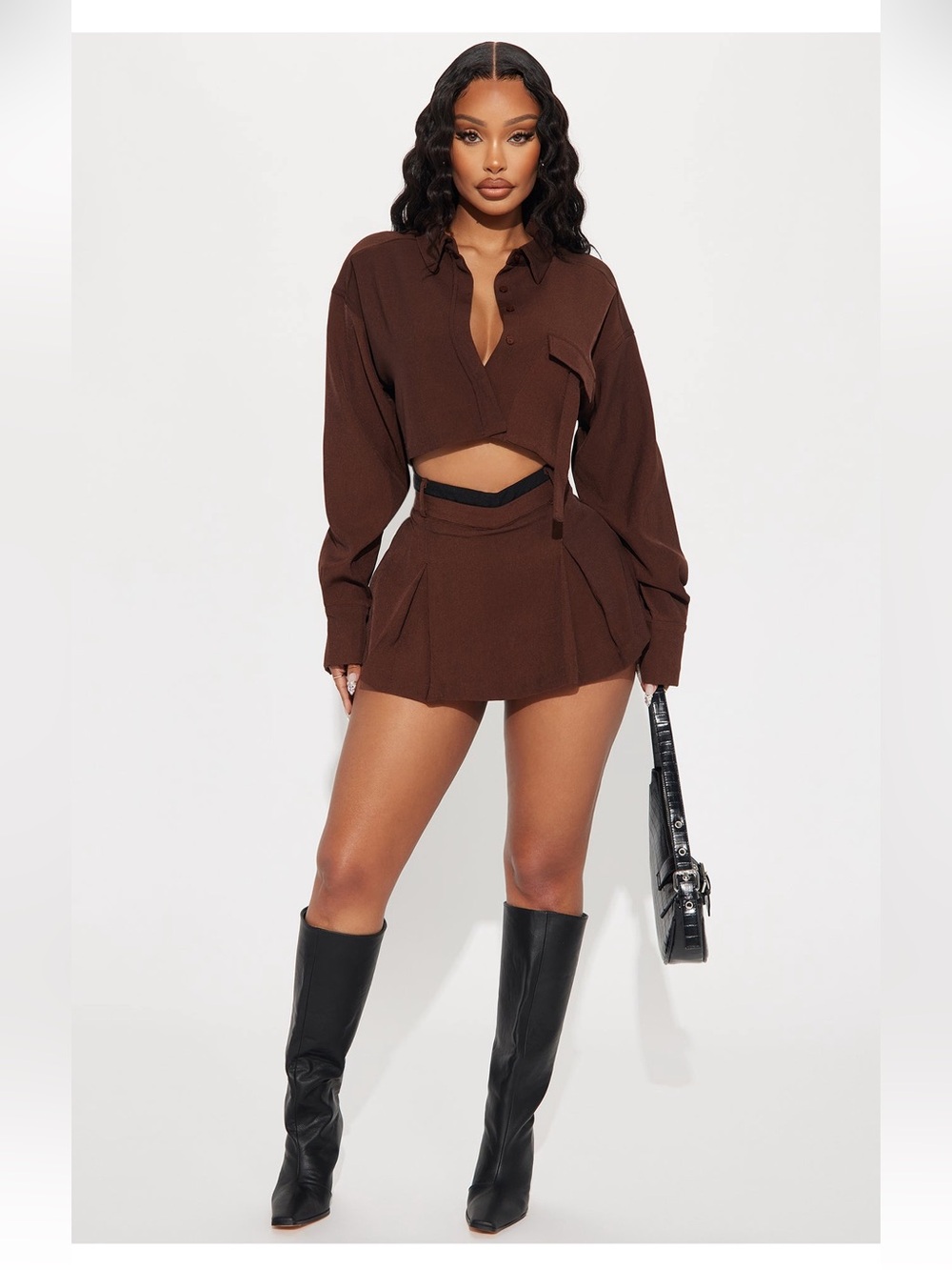 Fashion Nova Brown High-Waist Pleated Skort Set